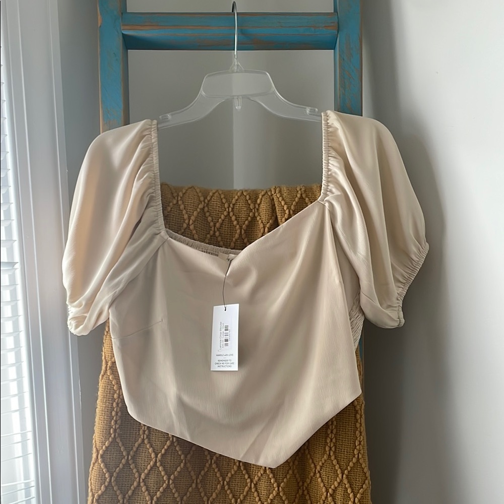 Tan and Cream Asymmetrical Puff Sleeve Blouse